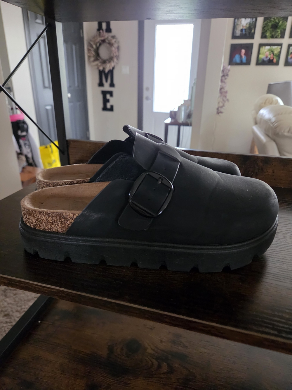 SHEIN Black Buckle Cork-Trim Platform Clogs